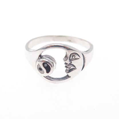 925 Sterling Silver Vintage Enamel Yin Yang Crescent Moon Ring Size 6.5