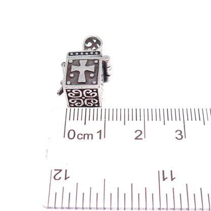 925 Sterling Silver Vintage Flower Cross Oxidized Minimalist Pill Box Pendant