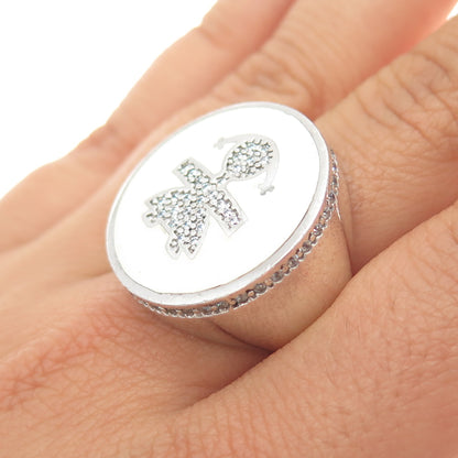 925 Sterling Silver Enamel & C Z Girl Signet Ring Size 7.5