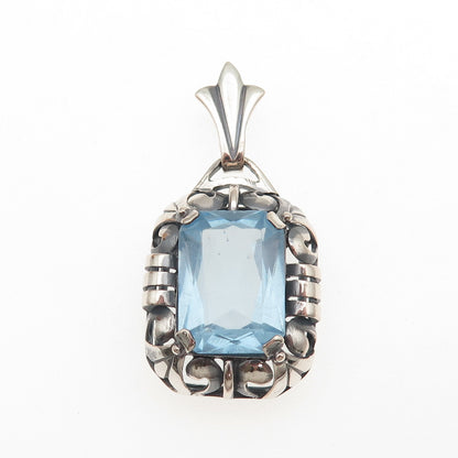 835 Silver Vintage Radiant-Cut Blue Glass Floral Oxidized Charm Pendant