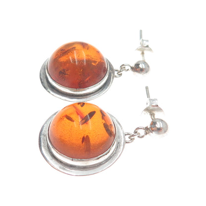 925 Sterling Silver Vintage Real Baltic Amber Modernist Dangle Earrings