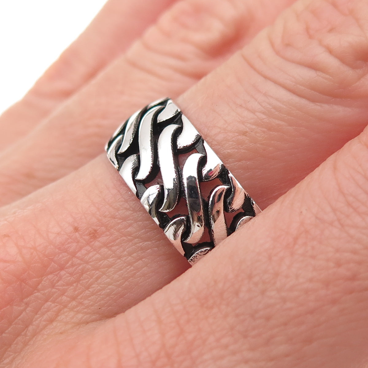 925 Sterling Silver Vintage S-Link Oxidized Wide Band Ring Size 10.25