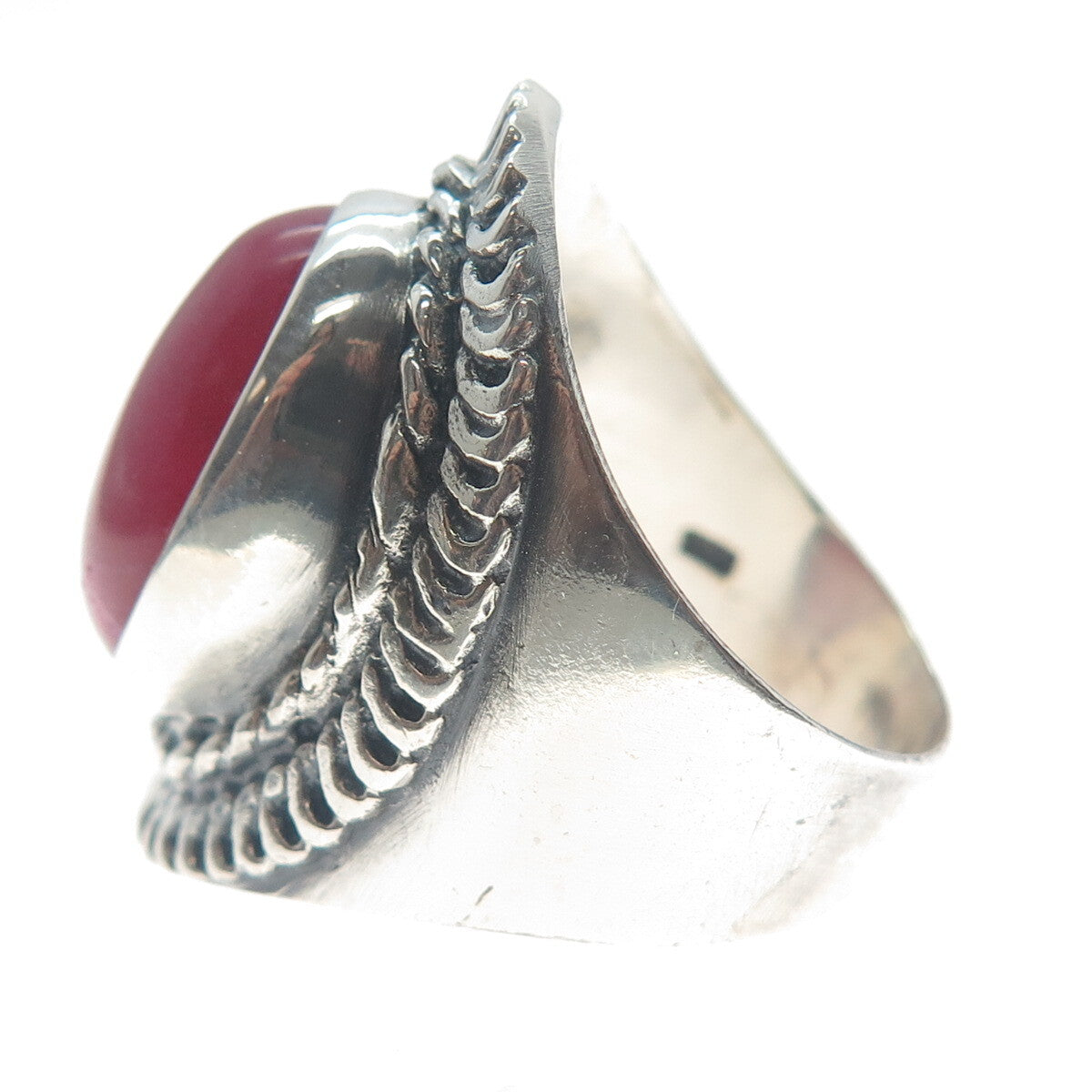 925 Sterling Silver Vintage Real Rhodonite Chain Link Oxidized Ring Size 10.5