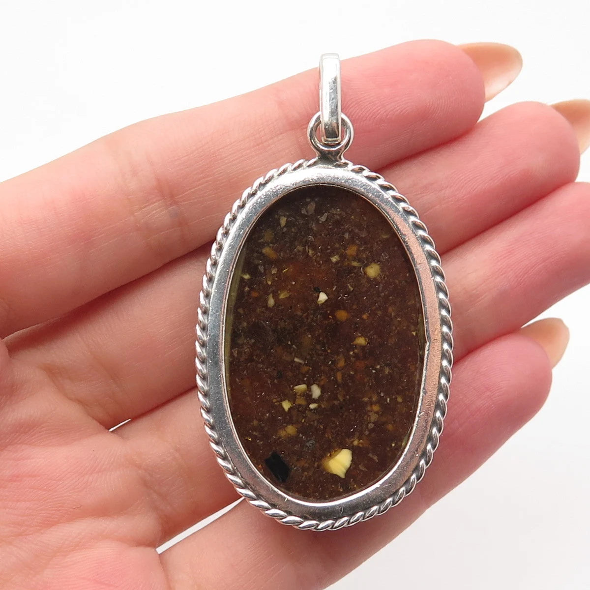 925 Sterling Silver Vintage Real Amber Twisted Oval Pendant