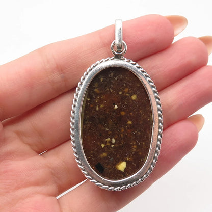 925 Sterling Silver Vintage Real Amber Twisted Oval Pendant