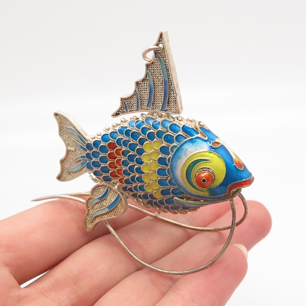925 Sterling Silver Antique Enamel Chinese Koi Fish Articulated Chatelaine Fob
