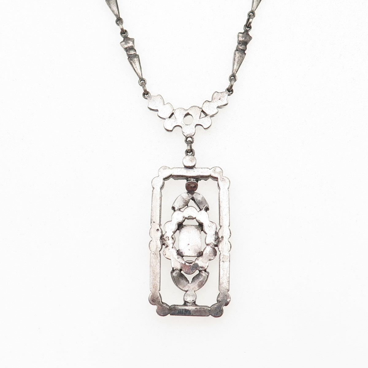 925 Sterling Antique Rhinestone & Marcasite Chain Necklace 16" (missing 1 stone)