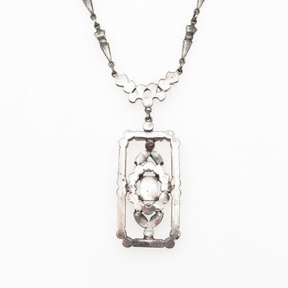 925 Sterling Antique Rhinestone & Marcasite Chain Necklace 16" (missing 1 stone)