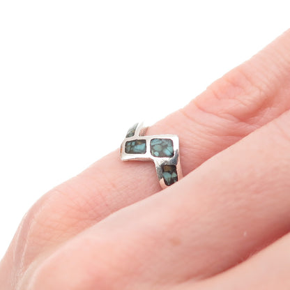 Old Pawn 925 Sterling Silver Vintage Turquoise Inlay Zig Zag Ring Size 3.75