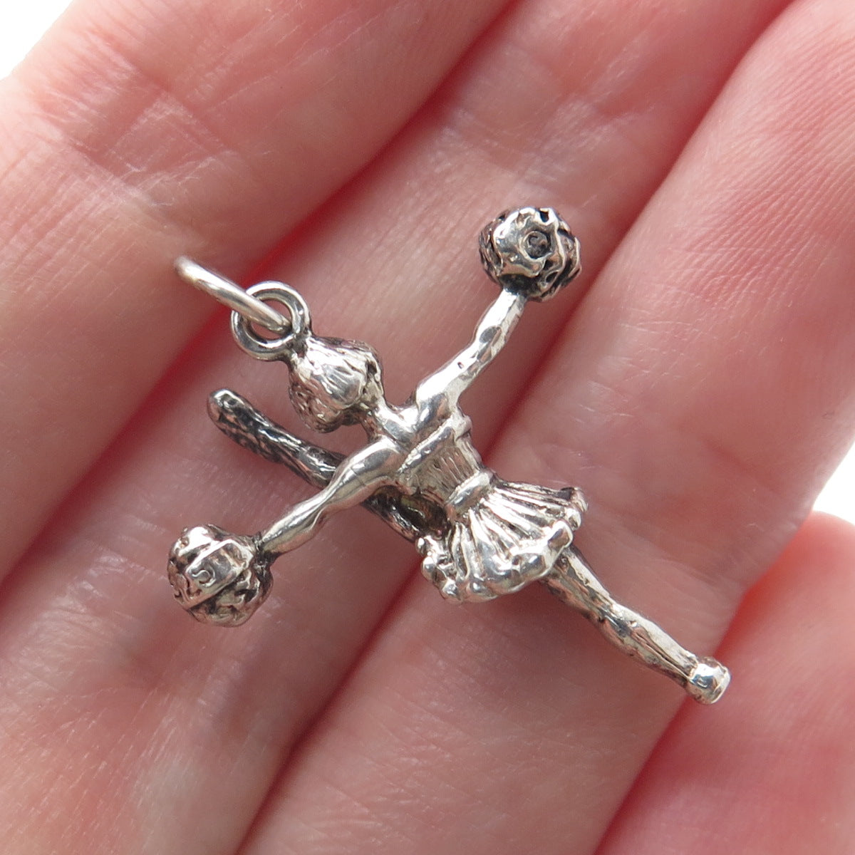 925 Sterling Silver Vintage Cheerleader Oxidized Minimalist 3D Charm Pendant