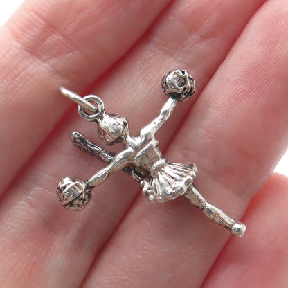 925 Sterling Silver Vintage Cheerleader Oxidized Minimalist 3D Charm Pendant