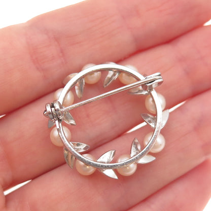 950 Silver Antique Japan Real Akoya Pearl Floral Circle of Life Pin Brooch