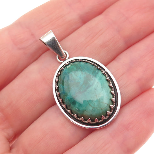 925 Sterling Silver Vintage Real Cabochon Chrysocolla Charm Pendant