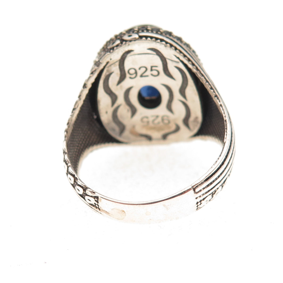 925 Sterling Silver 2-Tone Vintage Real Black Spinel & Blue Glass Ring Size 10.5