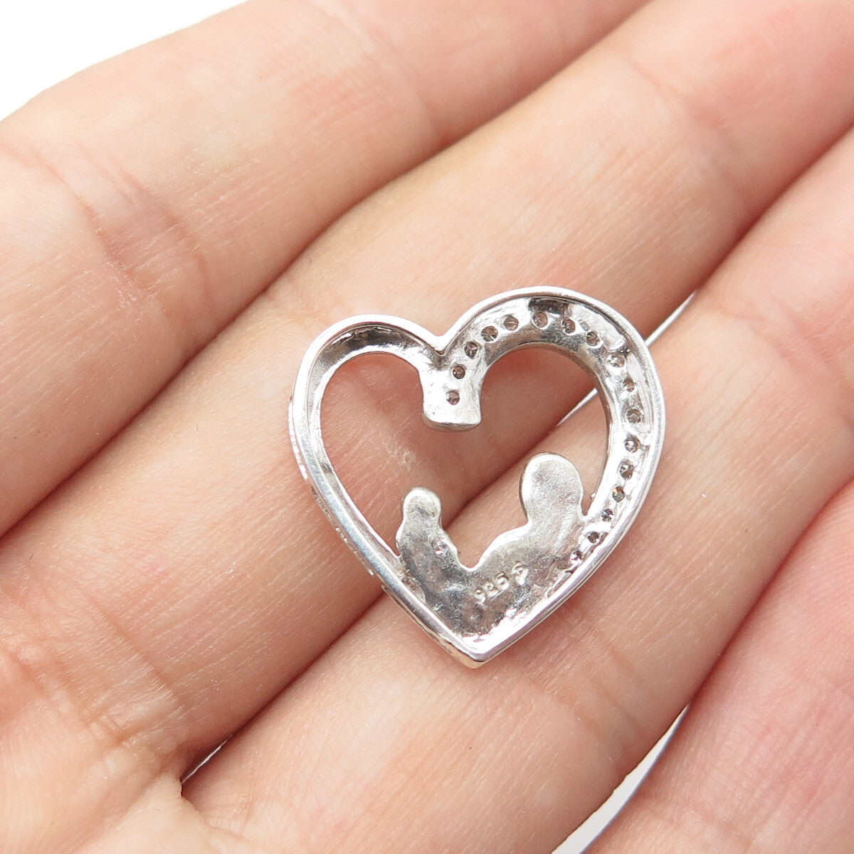 925 Sterling Silver Real White Diamond Mother & Child Open Heart Pendant