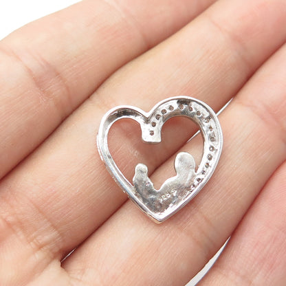 925 Sterling Silver Real White Diamond Mother & Child Open Heart Pendant
