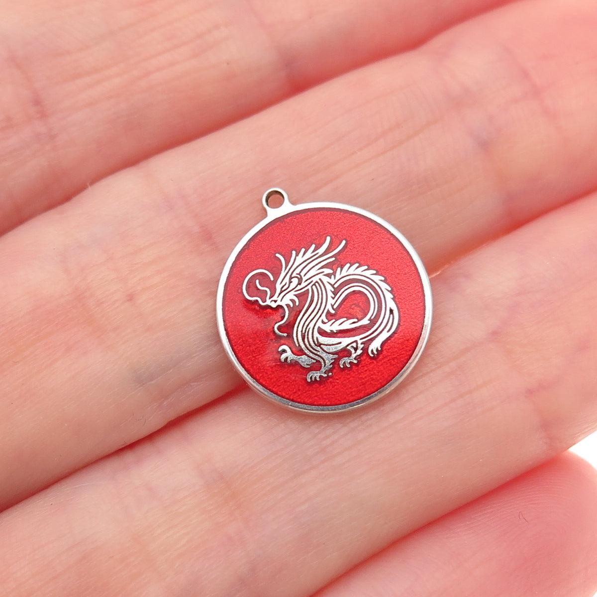 Tokemoti 925 Sterling Silver Red Enamel Chinese Dragon Tag Charm Pendant
