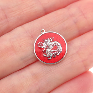 Tokemoti 925 Sterling Silver Red Enamel Chinese Dragon Tag Charm Pendant
