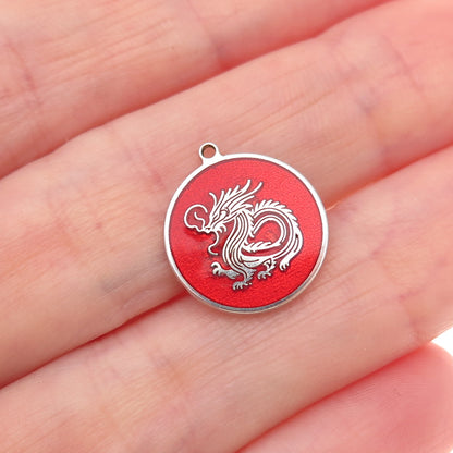 Tokemoti 925 Sterling Silver Red Enamel Chinese Dragon Tag Charm Pendant