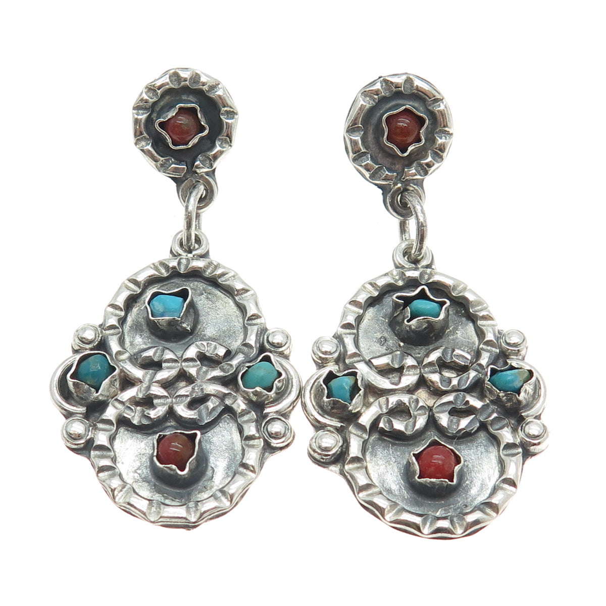 925 Sterling Silver Vintage Mexico Real Turquoise & Carnelian Tribal Earrings