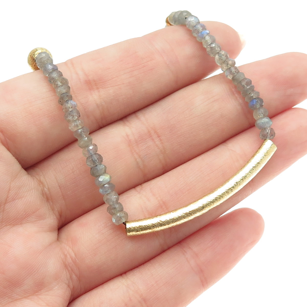 925 Sterling Silver Gold Plated Real Labradorite Beaded Bar Necklace 16-18"