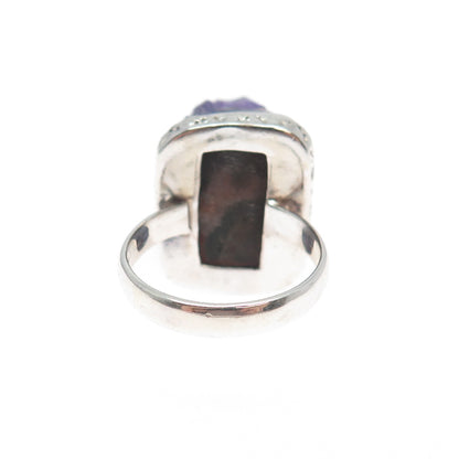 925 Sterling Silver Vintage ASC Real Amethyst Modernist Statement Ring Size 8.25