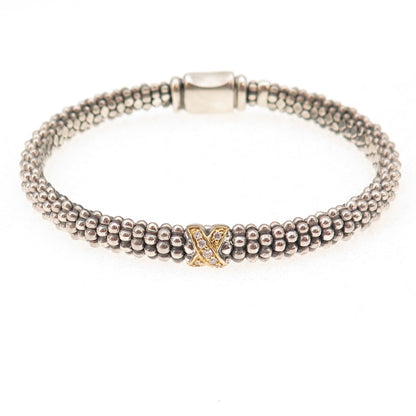 Lagos 925 Sterling Silver 18K Gold Real Diamond X-Shape Caviar Bracelet 6.75"