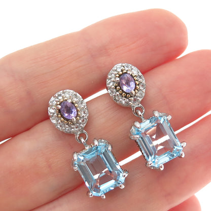 925 Sterling Silver 2-Tone Real Blue & White Topaz Amethyst Dangle Earrings