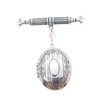 PIDIDDLY LINKS Sterling Silver Antique Crystal Locket Medal Oxidized Pin Brooch