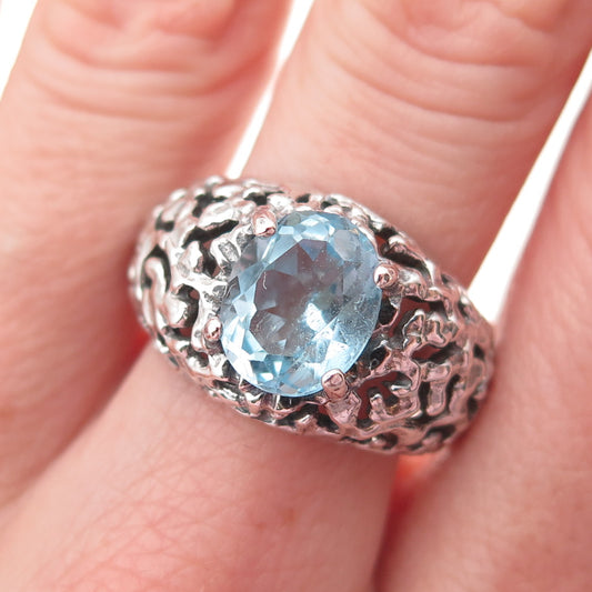 925 Sterling Silver Vintage Real Blue Topaz Modernist Oxidized Ring Size 9