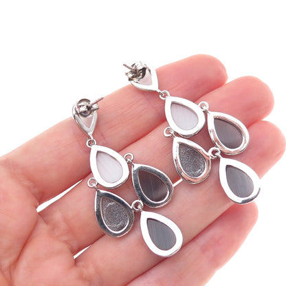 925 Sterling Silver Real Cat's Eye Teardrop Cluster Dangle Earrings