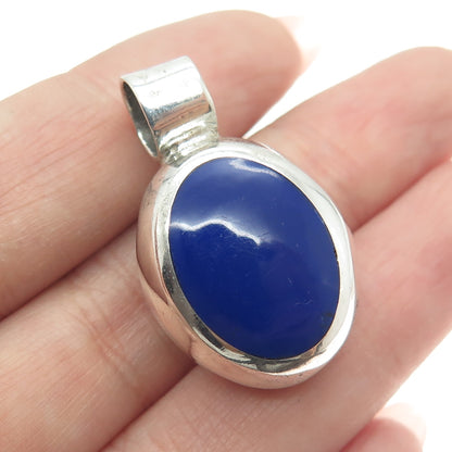 925 Sterling Silver Vintage Mexico Real Turquoise & Lapis Gem Dual Sided Pendant