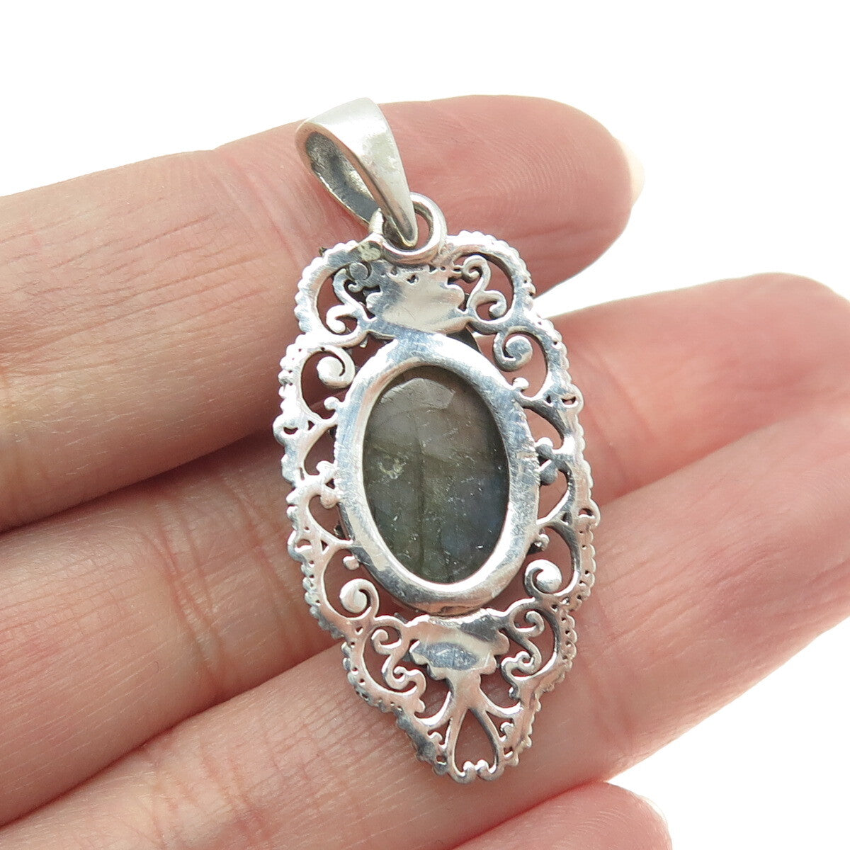 925 Sterling Silver Vintage Real Labradorite Dragonfly Oxidized Pendant