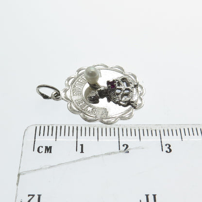 CREA Sterling Silver Vintage Real Pearl Rhinestone "Sweet Sixteen" Mini Pendant