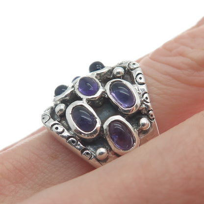 925 Sterling Silver Vintage Real Amethyst Modernist Oxidized Ring Size 6.5