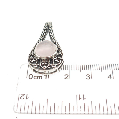 925 Sterling Silver Vintage Real Rose Quartz Heart Ornate Oxidized Slide Pendant