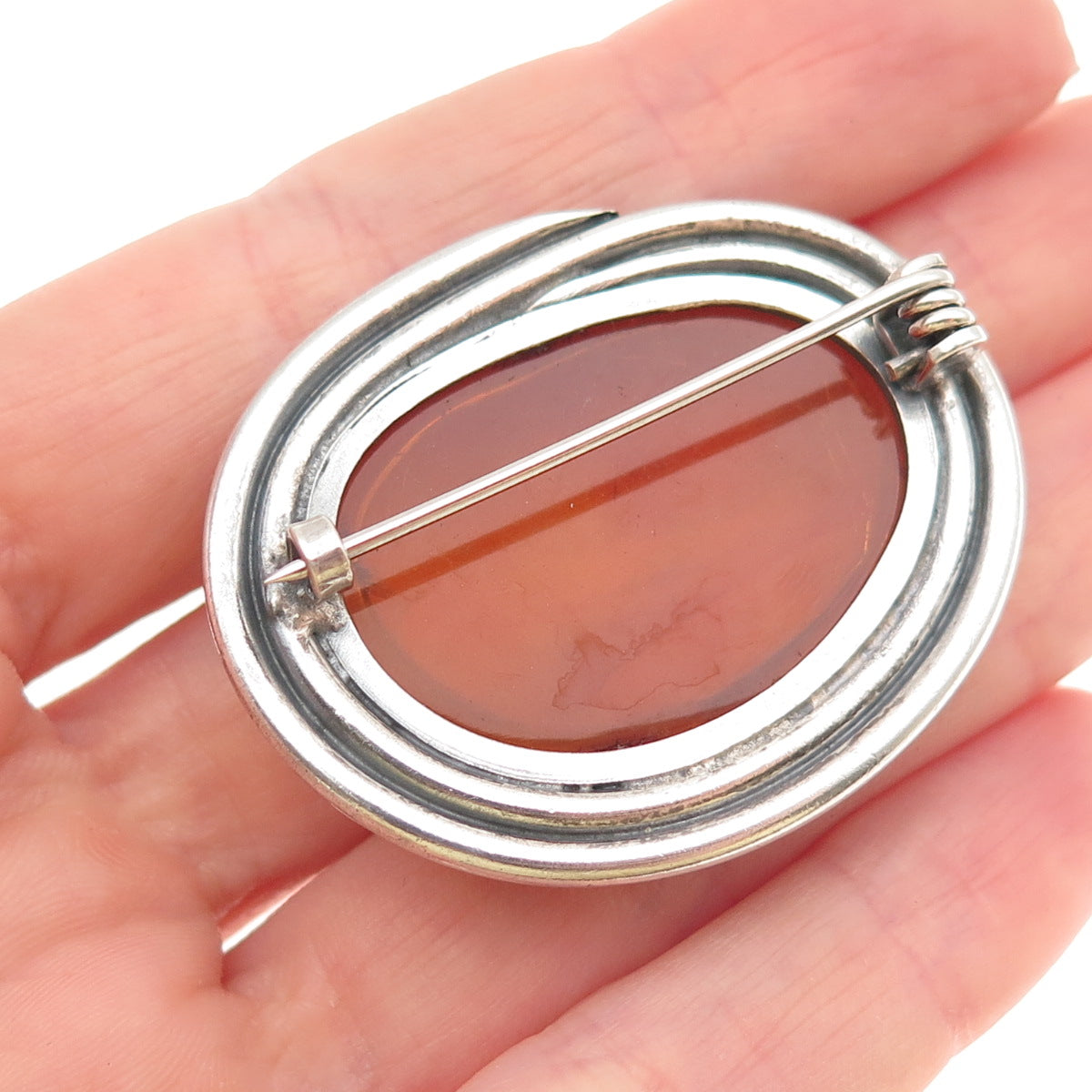 835 Silver Vintage Czechia Real Amber Modernist Oxidized Pin Brooch