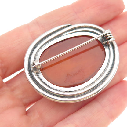 835 Silver Vintage Czechia Real Amber Modernist Oxidized Pin Brooch