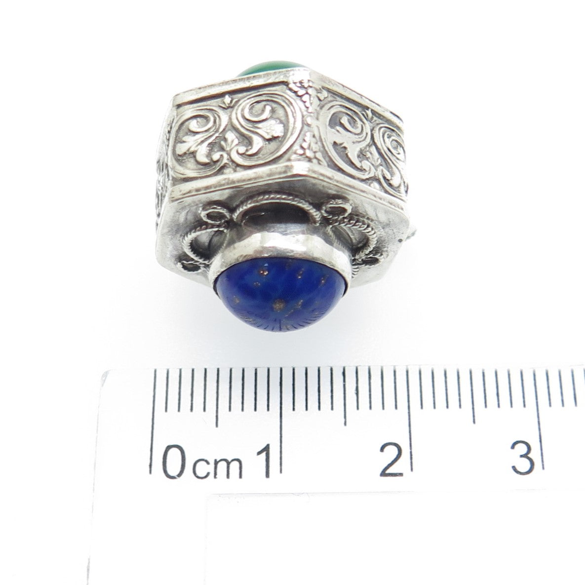 800 Silver Antique Art Deco Real Green Onyx & Lapis Filigree Dual Sided Pendant