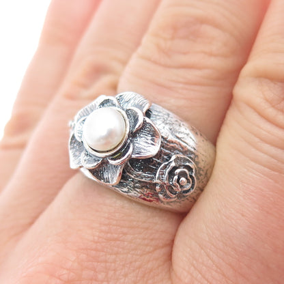 REGINA LANE 925 Sterling Silver Vintage Israel Real Pearl Flower Ring Size 7.5