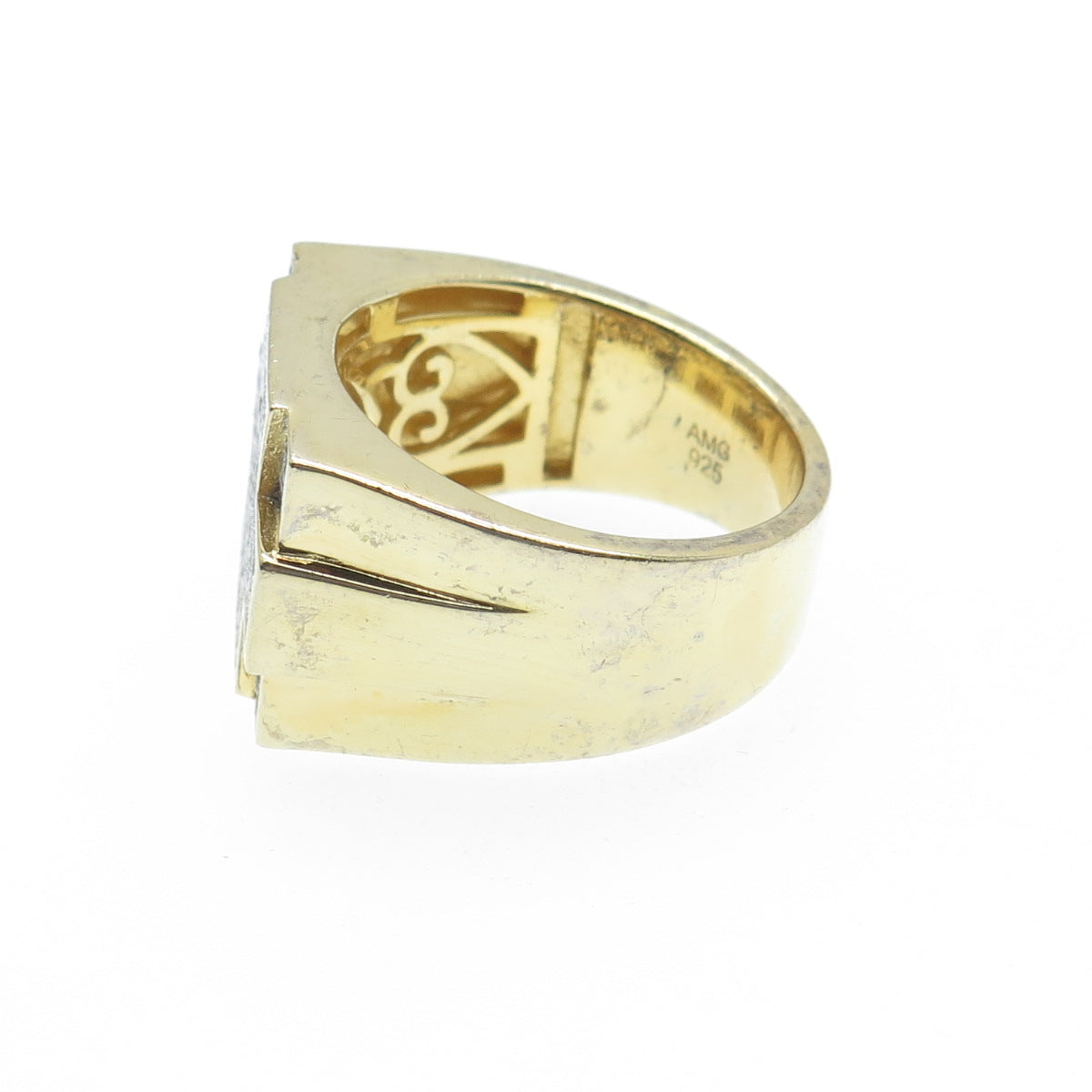 925 Sterling Gold Plated Round-Cut Shaped C Z Cross Signet Wide Ring Size 10.25
