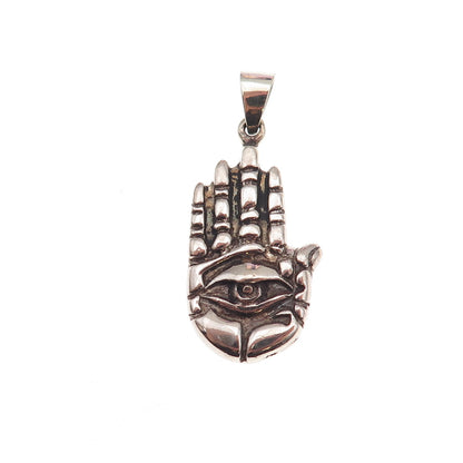 925 Sterling Silver Vintage Hamsa Hand & Evil Eye Oxidized Charm Pendant