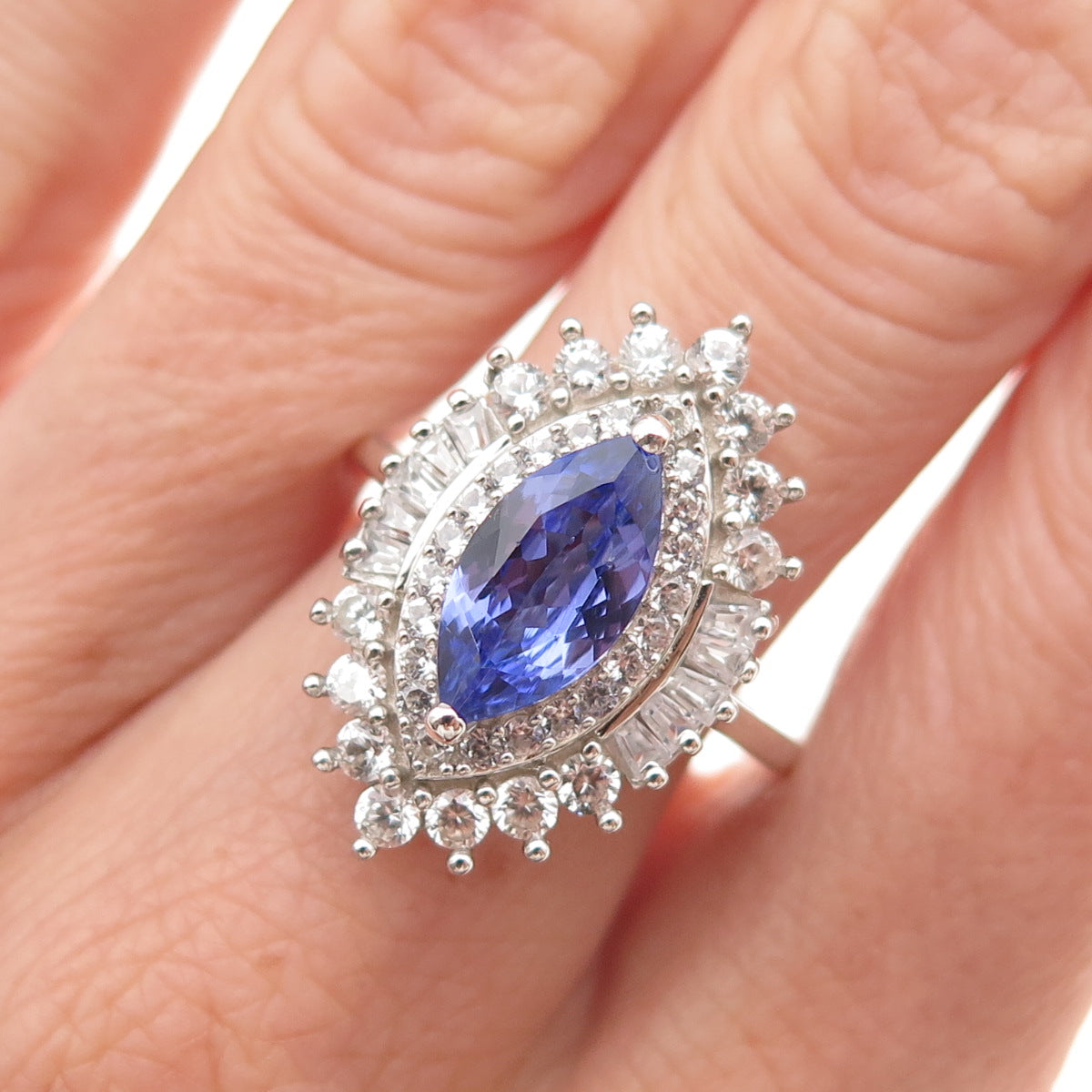D'Joy 925 Sterling Silver Real Tanzanite & White Topaz Ring Size 8.25