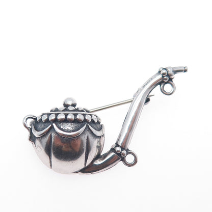 925 Sterling Silver Antique Art Deco Smoking Pipe Oxidized Pin Brooch