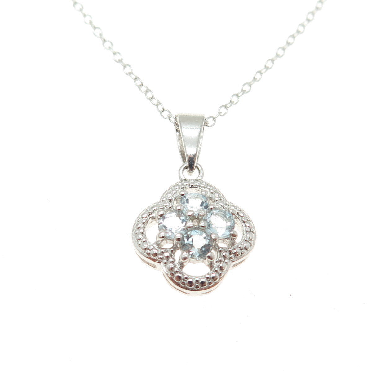 925 Sterling Silver Real Blue Topaz Flower Pendant Cable Chain Necklace 18"