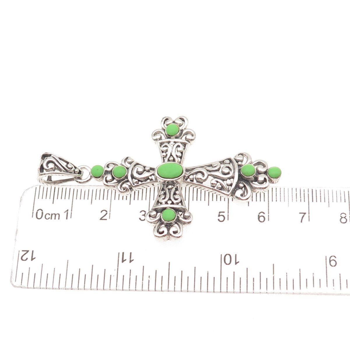 SX Sally C 925 Sterling Vintage Real Lime Green Turquoise Cross Charm Pendant