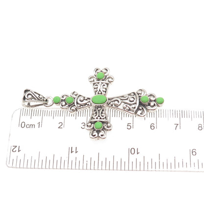 SX Sally C 925 Sterling Vintage Real Lime Green Turquoise Cross Charm Pendant