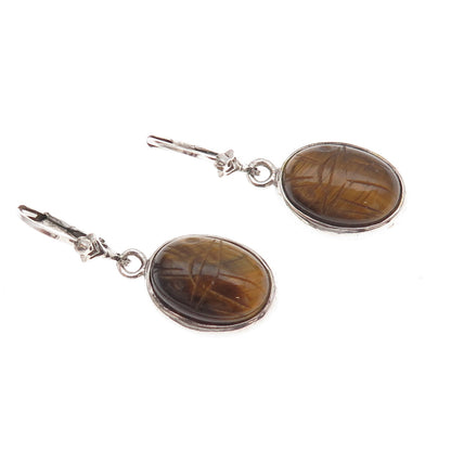 Gold Stone 925 Sterling Silver Vintage Real Tiger Eye Scarab Dangle Earrings