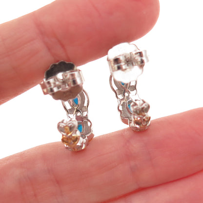 925 Sterling 2-Tone Real Sleeping Beauty Turquoise & White Topaz Hoop Earrings