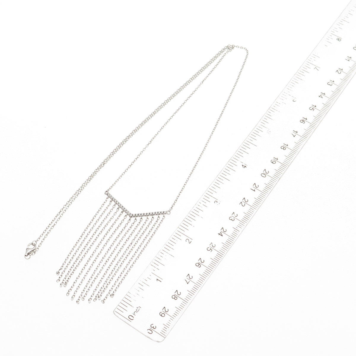 925 Sterling Silver Round-Cut C Z V-Shape Tassel Cable Chain Necklace 24"